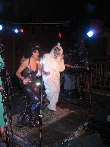 Dancing the night away: (l-r) Ashley Bobbett and sheep take the stage during Anal Pudding's set at the costume ball