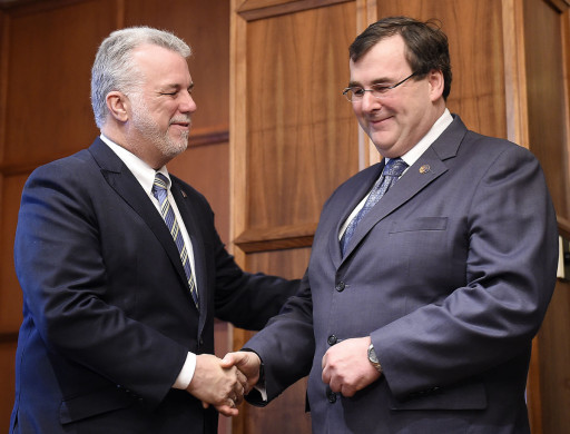 (l-r) Premier Couillard and François Blais the new Employment and Social Solidarity Minister who will spearhead this project