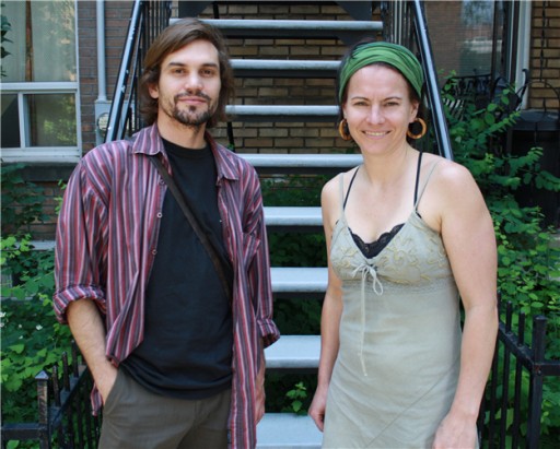 Santiago Bertolino and Marie-Eve Rancourt days before leaving to rendez-vous with the Canadian Boat to Gaza man and woman stand in front of outdoor stairway